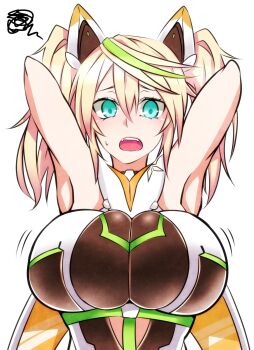 1girl animal_ears armpits arms_behind_head arms_up blonde_hair blue_eyes bouncing_breasts breasts fake_animal_ears fangs gene_(pso2) green_hair highres hz_(666v) large_breasts looking_at_viewer motion_lines multicolored_hair open_mouth phantasy_star phantasy_star_online_2 streaked_hair sweatdrop twintails