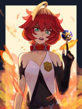 Rule 34 | 1girl, ahoge, balancing on finger, bare shoulders, belt, blonde hair, collar, commentary request, elbow gloves, fire, gloves, green eyes, hair between eyes, hand up, highres, index finger raised, labebebe lee, lipstick, looking at viewer, makeup, mela (pokemon), multicolored hair, nintendo, poke ball, pokemon, pokemon sv, quick ball, red hair, solo, team star, teeth, two-tone hair, upper body, vest