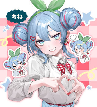 1girl bow chibi double_bun green_hairband grey_hair hair_bun hairband hatsune_miku heart heart_hands highres makita_(vector1525) multicolored_hair multiple_views nail_polish plaid_bow red_bow red_hair red_nails star_(symbol) streaked_hair vocaloid