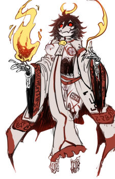 1girl black_hair bone breasts chain cuffs diabolist_(terraria) female_pubic_hair fire hair_between_eyes highres inverted_nipples lich long_sleeves mask medium_breasts messy_hair nyong_nyong pale_skin personification pubic_hair pussy red_eyes shackles short_hair simple_background skeleton skull_mask solo spine talisman terraria uncensored undead white_background wide_sleeves