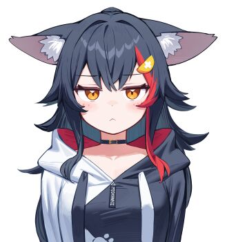 1girl :< animal_ear_fluff animal_ears black_choker black_hair black_hoodie breasts choker closed_eyes commentary_request deaver double-parted_bangs drawstring flipped_hair hair_between_eyes hair_ornament hairclip highres hololive hood hoodie large_breasts looking_at_viewer official_alternate_costume ookami_mio ookami_mio_(hoodie) red_streaks sidelocks simple_background single_hair_streak solo straight-on two-tone_hoodie upper_body virtual_youtuber white_background white_hoodie wolf_ears wolf_girl yellow_eyes