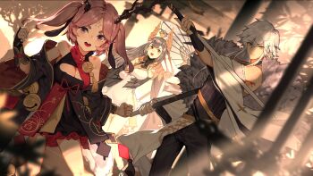 Rule 34 | 1boy, 2girls, absurdres, animal, animal on head, artist request, bell, bird, bird on head, black dress, black pants, black shirt, black sleeves, blush, breasts, brown horns, cleavage cutout, closed mouth, clothing cutout, commentary request, detached sleeves, dress, facial mark, feet out of frame, forehead mark, forehead tattoo, frilled dress, frills, fur, hair ornament, halter dress, halterneck, highres, holding, holding sheath, holding sword, holding umbrella, holding weapon, horns, jingle bell, kyoku ryuushou (masterwork apocalypse), large breasts, long hair, long sleeves, looking at viewer, masterwork apocalypse, medium breasts, medium hair, multiple girls, official art, oil-paper umbrella, on head, open mouth, orange eyes, pants, parted bangs, pink hair, plum blossom (masterwork apocalypse), purple eyes, second-party source, sheath, shirt, short dress, short twintails, sidelocks, silver hair, standing, sword, tattoo, teeth, turtleneck, turtleneck dress, twintails, umbrella, upper teeth only, weapon, white dress, white sleeves, wide sleeves, wing hair ornament, yellow eyes, yunei (masterwork apocalypse)