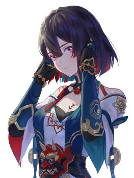 1girl armored_gloves bagua bare_shoulders bead_necklace beads blue_hair breasts brown_hair chinese_clothes colored_inner_hair gloves highres honkai:_star_rail honkai_(series) jewelry looking_at_viewer mask michiko_(ui29) multicolored_hair necklace off-shoulder_shirt off_shoulder oni_mask red_eyes red_hair shirt short_hair shoulder_strap trigram white_shirt xueyi_(honkai:_star_rail)