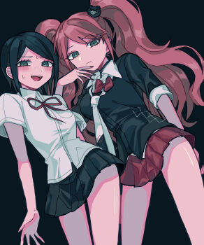 2girls :d arm_behind_back bear_hair_ornament black_background black_hair black_necktie blonde_hair blush bow breasts brown_hair closed_mouth collared_shirt commentary_request cowboy_shot danganronpa:_trigger_happy_havoc danganronpa_(series) embarrassed enoshima_junko freckles green_eyes green_hair green_shirt green_skirt hair_ornament highres ikusaba_mukuro large_breasts long_hair looking_at_viewer milk_o miniskirt multiple_girls nail_polish neck_ribbon necktie open_mouth pleated_skirt red_bow red_ribbon red_skirt ribbon school_uniform shirt short_hair short_sleeves siblings simple_background sisters skirt smile sweat twins twintails two-tone_necktie white_necktie