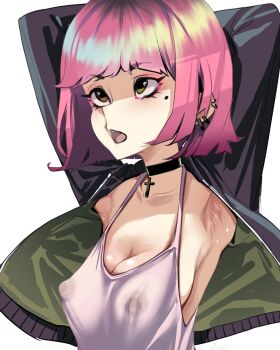 1girl 2026 amelia_(pathways) animification armpits arms_behind_back black_choker blunt_bangs bob_cut breasts choker collarbone commentary covered_erect_nipples cropped_jacket cross dark_yaoi dress earrings eyebrows_hidden_by_hair eyeshadow green_eyes hashtag-only_commentary highres jacket jewelry long_sleeves looking_up makeup medium_breasts mole mole_under_eye no_bra open_mouth pathways_(game) pink_dress purple_eyeshadow purple_hair purple_jacket purple_lips see-through_clothes spaghetti_strap upper_body