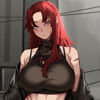 alternate_costume armpit_crease bare_shoulders breasts brown_pants cigarette city coat crop_top expressionless gebura_(project_moon) heterochromia holding holding_cigarette jewelry kali_(project_moon) large_breasts lobotomy_corporation multiple_scars necklace off_shoulder pants project_moon red_hair rhlatm road scar signature street sword toned toned_female upper_body weapon