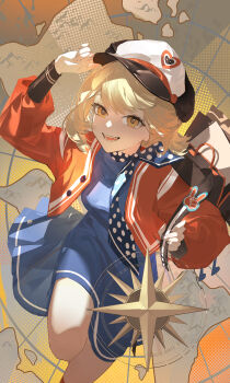 1girl :d backpack bag blue_dress blue_neckerchief brown_hair chanc030 compass_rose dress hand_on_headwear hand_up hat highres holding_strap jacket leg_up looking_at_viewer map map_background neckerchief newsboy_cap open_bag open_clothes open_jacket open_mouth orange_eyes polka_dot_neckerchief red_jacket regulus_(reverse:1999) reverse:1999 short_dress short_hair smile solo standing standing_on_one_leg teeth