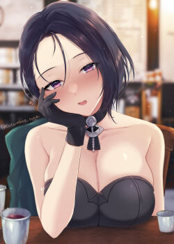 Rule 34 | 1girl, asymmetrical hair, awayuki ramika, bare shoulders, black hair, breasts, choker, cleavage, coffee, collarbone, commentary request, commission, cup, fire emblem, fire emblem: three houses, gloves, green jacket, hand on own cheek, hand on own face, highres, jacket, large breasts, looking at viewer, mug, nintendo, partially undressed, pov, purple eyes, shamir nevrand, short hair, skeb commission, solo