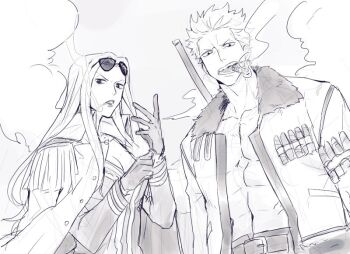 1boy 1girl abs cigar cigarette coat coat_on_shoulders commentary_request epaulettes eyewear_on_head fur-trimmed_jacket fur_trim gloves greyscale hina_(one_piece) jacket korean_commentary long_hair looking_at_viewer mango_wa monochrome one_piece short_hair smile smoker_(one_piece) upper_body