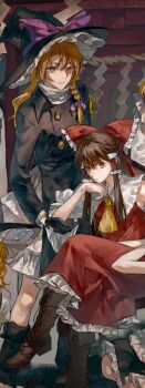 5girls aihara-rina ascot black_gloves blonde_hair bow braid brown_eyes brown_hair chinese_commentary closed_mouth commentary_request crossed_legs detached_sleeves frilled_bow frilled_hair_tubes frilled_skirt frills gloves hair_bow hair_tubes hakurei_reimu hat hat_bow highres kirisame_marisa long_hair looking_at_viewer multiple_girls multiple_persona purple_bow red_bow red_skirt side_braid single_braid skirt skirt_set touhou witch_hat yellow_ascot yellow_eyes