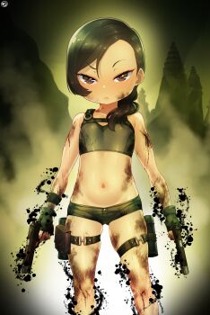 1girl bare_shoulders born-to-die closed_mouth collarbone copyright_name crop_top dirty female_focus fingerless_gloves gloves gun highres holding holding_gun holding_weapon lara_croft loli long_hair looking_at_viewer navel short_shorts shorts solo standing tomb_raider weapon