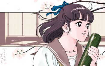 1990s_(style) 1girl artist_name blue_ribbon branch brown_eyes brown_hair brown_sailor_collar character_request classroom copyright_request dated dated_commentary diploma dithering falling_petals flower graduation hair_ribbon half_updo hands_up holding holding_diploma holding_tube leaf looking_ahead medium_hair neckerchief pc-98_(style) petals pixel_art portrait retro_artstyle ribbon sailor_collar school_uniform serafuku shirt signature smile solo teeth teiku_(take) translated white_shirt white_trim yellow_neckerchief