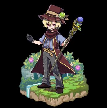 1boy belt black_background black_gloves blonde_hair blue_shirt brown_belt brown_hat brown_scarf brown_shoes coat flower full_body gloves grey_pants hat highres holding holding_staff lucas_(merc_storia) merc_storia merc_storia_art_team official_art open_mouth pants pink_flower red_eyes scarf shirt shoes short_sleeves simple_background sleeveless sleeveless_coat smile solo staff standing tachi-e water white_flower