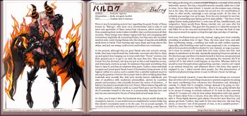 1girl alternate_language animal_ears aura balrog_(monster_girl_encyclopedia) black_leotard blunt_bangs breasts character_name character_profile cleavage colored_sclera dark-skinned_female dark_skin demon_girl demon_horns demon_tail demon_wings english_text fingernails fire full_body hard-translated hooves horns kenkou_cross large_breasts leotard long_hair looking_at_viewer low_wings monster_girl monster_girl_encyclopedia multicolored_hair official_art open_mouth orange_eyes orange_hair orange_sclera pointy_ears segmented_horns smile solo tail thighhighs third-party_edit tongue tongue_out translated twintails whip white_background white_hair wings