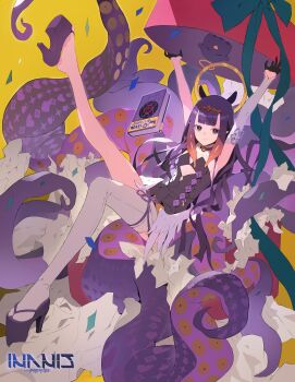 absurdres ao-chan_(ninomae_ina&#039;nis) arms_up black_dress black_gloves character_name clothing_cutout detached_collar detached_sleeves diamond_hair_ornament dress feathered_wings foot_up full_body fur-trimmed_collar fur_trim gloves half_gloves halo halo_behind_head highres hololive hololive_english junghoonpic7777 light_smile long_hair looking_at_viewer low_wings ninomae_ina&#039;nis ninomae_ina&#039;nis_(1st_costume) outstretched_arms platform_clogs platform_heels purple_eyes purple_hair reclining single_bare_leg single_detached_sleeve single_thighhigh sleeveless sleeveless_dress strapless strapless_dress tabi takodachi_(ninomae_ina&#039;nis) tentacle_hair tentacles thighhighs virtual_youtuber white_sleeves white_thighhighs white_wings wings yellow_background