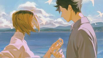 2boys animal bird black_hair blonde_hair bracelet closed_eyes closed_mouth cloud collared_shirt floating_hair haikyuu!! hashtag-only_commentary highres hlam126 holding jewelry kozume_kenma kuroo_tetsurou male_focus mountainous_horizon multicolored_hair multiple_boys ocean outdoors roots_(hair) scene_reference shirt short_hair signature sky turtleneck water white_bird white_shirt wing_collar