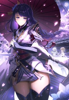 3girls absurdres architecture black_thighhighs blonde_hair blunt_bangs blush braid bridal_gauntlets cherry_blossoms commentary_request dress east_asian_architecture eiryu33 falling_petals fireworks bad_tag from_side genshin_impact glowing gradient_hair hair_ornament halo head_tilt headpiece highres holding japanese_clothes kimono light_particles light_smile long_braid long_hair looking_at_another looking_at_viewer looking_to_the_side lumine_(genshin_impact) mitsudomoe_(shape) mole mole_under_eye multicolored_hair multiple_girls neck_ribbon night outdoors paimon_(genshin_impact) petals purple_eyes purple_hair purple_kimono raiden_shogun red_ribbon red_sash ribbon sash shade short_hair single_braid sky standing streaked_hair thick_thighs thighhighs thighs tomoe_(symbol) tree upper_body white_hair wide_sleeves