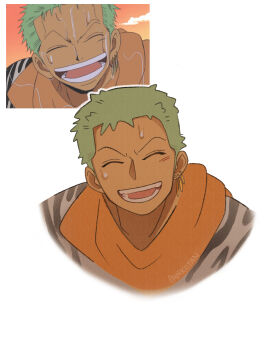 Rule 34 | 1boy, absurdres, anime screenshot inset, artist name, closed eyes, commentary, cropped torso, earrings, english commentary, facing viewer, gold earrings, green hair, highres, jewelry, light blush, male focus, multiple earrings, official alternate costume, one piece, open mouth, orange scarf, pank0tan, portrait, roronoa zoro, scarf, screenshot inset, short hair, smile, solo, straight-on, sweat, upper body