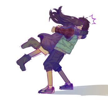 1boy 1girl aqua_vest blue_outline boots brown_hair closed_eyes dress flwerlanguage full_body hashtag-only_commentary highres hug junpei_(kyokugen_dasshutsu) kurashiki_akane kyokugen_dasshutsu kyokugen_dasshutsu:_9_jikan_9_nin_9_no_tobira long_hair long_sleeves outline pants plaid_clothes plaid_shirt purple_dress purple_outline red_shirt shadow shirt shoes short_hair simple_background standing vest white_background