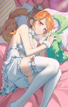1girl absurdres babydoll bare_shoulders black_nails bloomers bow breasts cat choker chonkers_(takanashi_kiara) cleavage closed_mouth colored_tips commentary earrings feet_out_of_frame fetal_position frilled_babydoll frilled_choker frilled_thighhighs frills green_hair hair_bow hair_bun hanho head_on_pillow highres hololive hololive_english jewelry light_blush light_smile looking_at_viewer lying multicolored_hair no_shoes official_alternate_costume official_alternate_hairstyle on_side orange_hair pillow pink_eyes scrunchie short_hair single_hair_bun smoothie_(takanashi_kiara) solo streaked_hair swept_bangs symbol-only_commentary takanashi_kiara takanashi_kiara_(cozy) thighhighs two-tone_hair underwear updo virtual_youtuber white_babydoll white_bloomers white_thighhighs wrist_scrunchie
