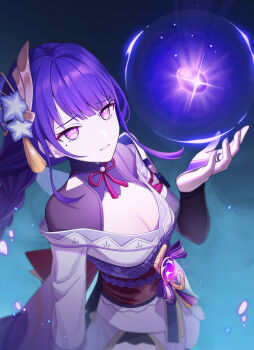 1girl absurdres asymmetrical_sleeves blue_background blunt_bangs blurry braid breasts bridal_gauntlets cleavage clothing_cutout commentary_request depth_of_field fan_hair_ornament flower flower_ornament from_above from_side genshin_impact glowing glowing_eyes gradient_background hair_ornament highres holding_orb japanese_clothes jiachong_jun_z kimono large_breasts light_particles lingerie long_braid long_hair looking_up makoto_(genshin_impact) mole mole_under_eye neck_ribbon off_shoulder parted_lips pink_lips purple_eyes purple_flower purple_kimono raiden_shogun red_ribbon red_sash ribbon sash seed shade shoulder_cutout single_braid solo standing underwear uneven_sleeves upper_body wide_sleeves
