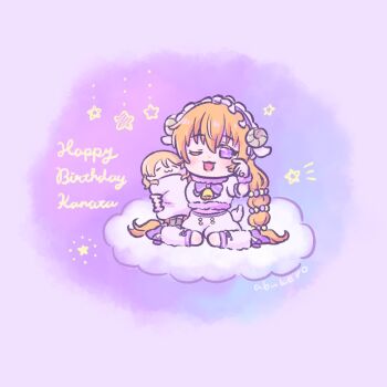 Rule 34 | 1girl, ;d, abukero, animal ears, bell, brown hair, character doll, chibi, cloud, commentary request, crop top, doll, fake animal ears, fake tail, fluffy clothes, full body, goat horns, hair ornament, happy birthday, highres, holding, horns, konoe kanata, long hair, looking at viewer, love live!, love live! nijigasaki high school idol club, neck bell, on cloud, one eye closed, open mouth, pajamas, purple eyes, purple shoes, shoes, shorts, signature, smile, solo, star (sky), stuffed toy, tail, very long hair