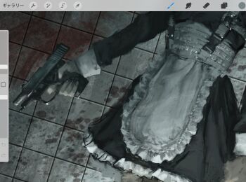 1other apron arai_bokuseki art_program_in_frame black_dress blood blood_splatter corset dress gun handgun highres holding holding_gun holding_weapon implied_suicide lying on_back on_ground original out-of-frame_censoring screencap solo tile_floor tiles weapon white_apron