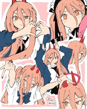 1girl artist_name black_necktie blonde_hair blue_jacket blush chainsaw_man cross-shaped_pupils demon_horns double-parted_bangs double_gyaru_v fingernails gyaru gyaru_v hair_between_eyes heart heart_hands highres horns jacket jouzai_(song) kogal long_hair long_hair_between_eyes looking_ahead looking_at_viewer multiple_views nail_polish necktie outline polo_tokki power_(chainsaw_man) rabbit_pose school_uniform shirt signature simple_background straight_hair symbol-shaped_pupils twintails v very_long_hair white_outline white_shirt yellow_eyes
