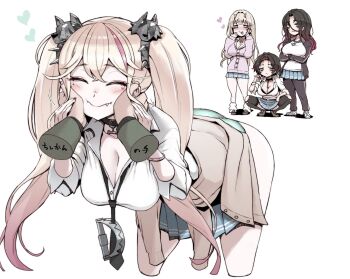 4girls bear_trap bent_over black_choker black_necktie blonde_hair breasts cardigan cardigan_around_waist choker cleavage closed_eyes clothes_around_waist collared_shirt commentary_request crow_(nikke) disembodied_hand elysion_harper_(nikke) fang goddess_of_victory:_nikke gradient_hair gyaru hands_on_another's_cheeks hands_on_another's_face heart highres jackal_(class_troublemaker)_(nikke) jackal_(nikke) large_breasts long_hair loose_necktie multicolored_hair multiple_girls necktie panties partially_unbuttoned pink_hair pleated_skirt school_uniform shirt skirt sleeves_pushed_up smile streaked_hair sumiosmith three-quarter_sleeves twintails unbuttoned unbuttoned_shirt underwear viper_(nikke) white_background white_shirt