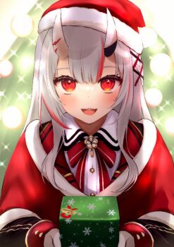 Rule 34 | 1girl, :3, commentary, fang, gift, hair between horns, hair ornament, hat, holding, holding gift, hololive, horn ornament, horns, long hair, long sleeves, looking at viewer, multicolored hair, nakiri ayame, nakiri ayame (9th costume), official alternate costume, oni, open mouth, pov, red eyes, red hair, santa hat, skin-covered horns, tugime oti, untranslatable commentary, virtual youtuber, white hair, x hair ornament