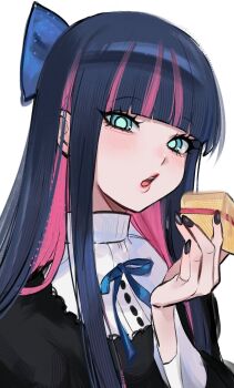 1girl black_dress black_nails blue_bow blue_eyes blue_hair blue_ribbon blunt_bangs blush bow bright_pupils buttons cake cake_slice colored_inner_hair commentary dessert dress english_commentary food gothic_lolita hair_bow hand_up head_tilt highres holding holding_cake holding_food lips lolita_fashion long_eyelashes long_hair long_sidelocks looking_at_viewer multicolored_hair nail_polish ompf open_mouth panty_&amp;_stocking_with_garterbelt pink_hair pink_streaks portrait raised_eyebrows ribbon sidelocks simple_background solo stocking_(psg) streaked_hair teeth two-tone_hair upper_teeth_only very_long_sidelocks white_background
