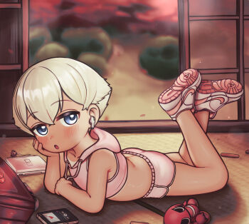 1girl ass backpack bag bikini_tan blonde_hair blue_eyes blush bush cellphone character_doll charm_(object) collarbone crybabyglo doll earbuds earphones flat_chest giroro handheld_game_console head_rest hooded_shirt hori_aiko keroro_gunsou knuckles_the_echidna legs_up listening_to_music loli looking_at_viewer lying midriff nike_(company) nintendo nintendo_ds nintendo_ds_lite on_floor open_mouth original petals phone pink_shirt pink_shorts popsicle_stick randoseru sega shirt shoes short_hair shorts sleeveless sleeveless_shirt sliding_doors smartphone sneakers sonic_(series) sparkle tan tanline unworn_backpack unworn_bag white_shoes