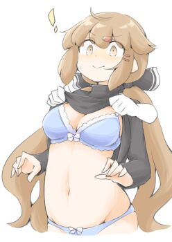 1girl akara_kai black_shirt blue_bra blue_panties blush bow bra brown_eyes brown_hair clothes_lift cropped_legs disembodied_hand forced_exposure hair_bow hair_ornament highres kantai_collection long_hair low_twintails navel no_pants panties shirt shirt_lift solo tashkent_(kancolle) twintails underwear upper_body white_background