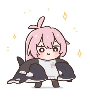 antenna_hair bad_tag baggy_clothes bloodymoonia chibi full_body hair_between_eyes highres holding holding_stuffed_toy mumble_(shachimu) orca original oversized_sweater pink_eyes pink_hair sleeves_past_fingers sleeves_past_wrists smile sparkle standing stuffed_animal stuffed_orca stuffed_toy sweater two-tone_sweater white_background