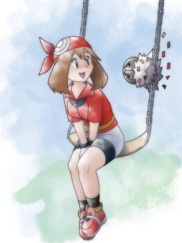 1girl :d bandana bike_shorts black_socks blue_background brown_hair commentary fanny_pack full_body gen_6_pokemon gloves greatmothsucks grey_eyes looking_at_another may_(pokemon) nintendo on_swing open_mouth parody pokemon pokemon_(creature) pokemon_rse red_bandana red_shirt red_shoes shirt shoes shorts simple_background sitting smile socks spewpa style_parody sugimori_ken_(style) swing white_gloves white_shorts