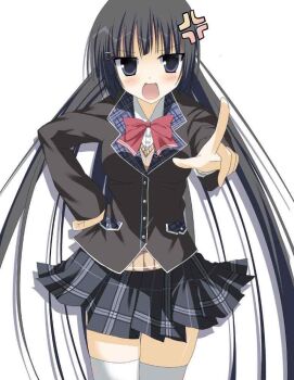 1girl 2000s_(style) anger_vein angry black_eyes black_hair black_jacket black_skirt blazer blunt_bangs blush bow bowtie brown_sweater_vest collared_shirt colored_lapels cowboy_shot hair_ornament hairclip hand_on_own_hip jacket jitome lapels long_hair long_sleeves looking_at_viewer nijisanji notched_lapels open_mouth p8vpdb pink_bow pink_bowtie plaid_clothes plaid_lapels plaid_skirt pointing pointing_at_viewer school_uniform shirt skirt solo straight-on sweater_vest thighhighs tsukino_mito tsukino_mito_(1st_costume) v-shaped_eyebrows very_long_hair virtual_youtuber white_background white_shirt white_thighhighs zettai_ryouiki