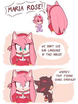 1boy 2girls aged_down amy_rose aqua_eyes black_fur bracelet dress english_text father_and_daughter furry furry_female furry_male gloves heart highres if_they_mated jewelry maria_rose_(toonsite) maria_the_hedgehog_(toonsite) mother_and_daughter multiple_girls open_mouth original pink_fur red_eyes red_fur shadow_the_hedgehog sonic_(series) speech_bubble toonsite two-tone_fur white_gloves