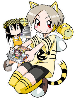3girls animal animal_ear_fluff animal_ear_hood animal_ears animal_in_clothes animal_print apron bike_shorts black_eyes black_outline black_tail blush_stickers book book_stack brown_footwear bun_cover closed_eyes closed_mouth coco_(toranoana) collarbone colored_inner_hair colored_sclera cub detached_hood double_bun double_horizontal_stripe employee_uniform fake_animal_ears fang full_body green_sclera green_sleeves grey_shorts hair_between_eyes hair_bun headscarf holding holding_manga hood hood_basket hoodie horizontal-striped_sleeves horizontal-striped_thighhighs houndstooth kotora_(toranoana) legs_together light_brown_hair logo_print long_hair looking_at_another manga_(object) mukku_(mook-tv) multicolored_hair multiple_girls nonbiri_kotora official_art orange_apron outline parted_bangs print_hoodie profile red_eyes second-party_source shirt short_hair short_sleeves shorts simple_background small_pupils smile straight_hair striped_clothes striped_fur striped_hoodie striped_sleeves striped_tail striped_thighhighs t-shirt tail tamako_(toranoana) tenugui thighhighs tiger tiger_ears tiger_girl tiger_print tiger_tail tora_da_yo. torana toranoana triple_horizontal_stripe very_short_hair walking white_background white_eyes white_hood wide_sleeves yellow_collar yellow_fur yellow_hood yellow_hoodie yellow_sleeves yellow_tail yellow_thighhighs