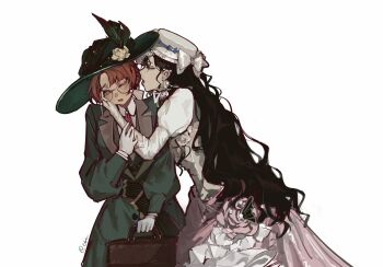 2girls absurdres black_hair blush bow briefcase chinese_commentary closed_eyes coat collared_shirt commentary_request curly_hair dress ear_licking elbow_gloves eyewear_strap flower glasses gloves green_coat green_eyes green_hat hat hat_bow hat_feather hat_flower highres hug hug_from_side isolde_(reverse:1999) juliet_sleeves kakania_(reverse:1999) large_hat licking long_hair long_sleeves multiple_girls neck_ribbon one_eye_closed orange_hair partial_commentary pink_dress puffy_sleeves qian. red_ribbon reverse:1999 ribbon round_eyewear shirt short_hair signature simple_background tongue tongue_out two-tone_dress very_long_hair white_background white_dress white_gloves white_hat white_shirt yuri