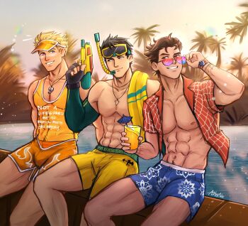 3boys abs animification aztexarts black_hair brown_eyes brown_hair closed_mouth fantastic_four highres iron_fist_(marvel) johnny_storm lin_lie_(marvel) male_focus marvel marvel_rivals multiple_boys peter_parker short_hair spider-man spider-man_(series) spider_web_print
