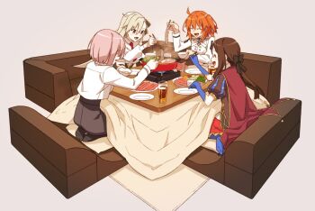 4girls ahoge black_ribbon brown_hair chopsticks closed_eyes commentary_request decoponmagi fate/grand_order fate_(series) food fujimaru_ritsuka_(female) grey_hair hair_between_eyes hair_ribbon leonardo_da_vinci_(fate) leonardo_da_vinci_(fate/grand_order) leonardo_da_vinci_(rider)_(fate) long_hair mash_kyrielight mash_kyrielight_(chaldea_uniform) multiple_girls olga_marie_animusphere olga_marie_animusphere_(unbeast) open_mouth orange_hair pink_hair profile ribbon short_hair side_ponytail sitting smile table