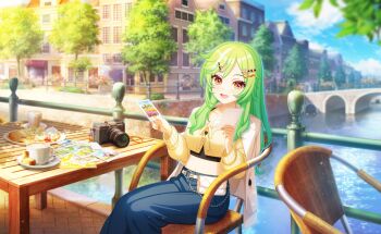 1girl :d akiru_kamira architecture belt blue_skirt blue_sky blurry blurry_background bridge building camera castle chair city cityscape cloud coffee commentary_request cup day depth_of_field east_asian_architecture food fountain game_asset green_hair hair_ornament hairclip highres holding jacket lamppost letterboxed long_hair looking_at_viewer midriff navel non-web_source official_art open_mouth outdoors pants park photo_background railing river self-datamine sitting skirt sky skyline skyscraper smile solo solo_focus table town tree water watercraft world_dai_star yellow_eyes yellow_jacket