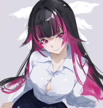 1girl black_hair breasts button_gap collared_shirt colored_inner_hair columbina_(genshin_impact) commentary eye_mask from_above genshin_impact highres long_hair long_sleeves mask medium_breasts multicolored_hair partially_unbuttoned pink_eyes pink_hair shirt smile solo uru_sraguna white_shirt