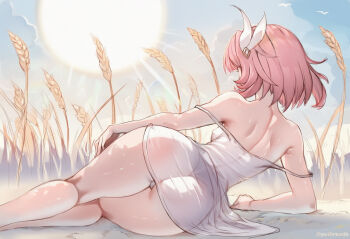 1girl ass back bare_shoulders breasts commentary_request covered_erect_nipples cyrene_(honkai:_star_rail) day double_strap_slip dress hair_ornament highres honkai:_star_rail honkai_(series) lying on_side outdoors panties pink_hair short_hair shoulder_blades small_breasts solo sun thighs underwear wheat_field white_dress white_panties winged_hair_ornament yuibread
