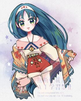 1girl bare_shoulders blue_eyes blue_hair green_eyes hairband jewelry lips long_hair looking_at_viewer lucia_(lunar) lunar lunar_2:_eternal_blue megsuri necklace red_shorts shorts solo star_(symbol) star_symbol_background watermark wide_sleeves