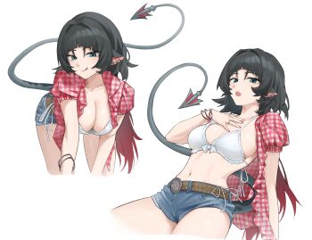 1girl absurdres animal_ears belt black_hair bra bracelet breasts brown_belt cleavage cosplay denim denim_shorts gingham_shirt gradient_hair highres jane_doe_(zenless_zone_zero) jewelry kwon_eun-bi kwon_eun-bi_(cosplay) mouse_ears mouse_girl multicolored_hair multiple_views navel noir_(noir_reveur) open_clothes open_shirt red_hair sharp_tail shorts sideboob tail underwear white_bra zenless_zone_zero