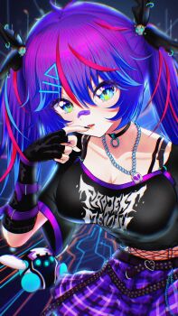 1girl absurdres aw_works703 bandaid bandaid_on_face bandaid_on_nose black_choker black_gloves black_nails black_shirt blonde_hair blue_eyes breasts choker cleavage commentary elbow_gloves fingerless_gloves fishnet_pantyhose fishnets gloves hair_ornament highres indie_virtual_youtuber large_breasts long_hair looking_at_viewer melody_(projektmelody) melody_(projektmelody)_(goth) multicolored_hair nail_polish open_mouth pantyhose purple_hair purple_skirt red_hair shirt skirt solo streaked_hair symbol-only_commentary t0m_(projektmelody) triangle_hair_ornament twintails virtual_youtuber