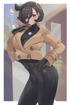 1girl absurdres ass black_hair bodysuit bodysuit_under_clothes calmgreentori commentary_request dark-skinned_female dark_skin emma_(pokemon) gloves highres jacket latex latex_bodysuit mega_stone multicolored_gloves nintendo pokemon pokemon_legends:_z-a thighs two-tone_gloves