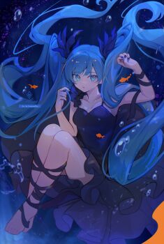 1girl absurdres air_bubble artist_name barefoot black_dress black_nails black_ribbon blue_eyes blue_hair breasts bubble cawasemi_teu collarbone commentary_request dress fish floating_hair full_body hatsune_miku highres logo long_hair looking_at_viewer nail_polish parted_lips ribbon shinkai_shoujo_(vocaloid) signature sleeveless sleeveless_dress solo twintails underwater very_long_hair vocaloid