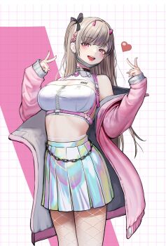 10_plus 1girl :d alternate_hairstyle arms_up bare_shoulders black_collar black_ribbon blush breasts chain chest_harness chest_tattoo choker clothes_writing collar copyright_name crop_top earrings fishnet_pantyhose fishnets goddess_of_victory:_nikke grey_mask hair_ribbon harness head_tilt heart heart_collar highres iridescent_clothes horns jacket jewelry large_breasts light_brown_hair long_hair looking_at_viewer mask mask_pull mouth_mask off_shoulder open_mouth pantyhose pink_horns pink_jacket pleated_skirt red_eyes ribbon side_ponytail sidelocks skirt smile solo tattoo upper_body v viper_(nikke) zipper